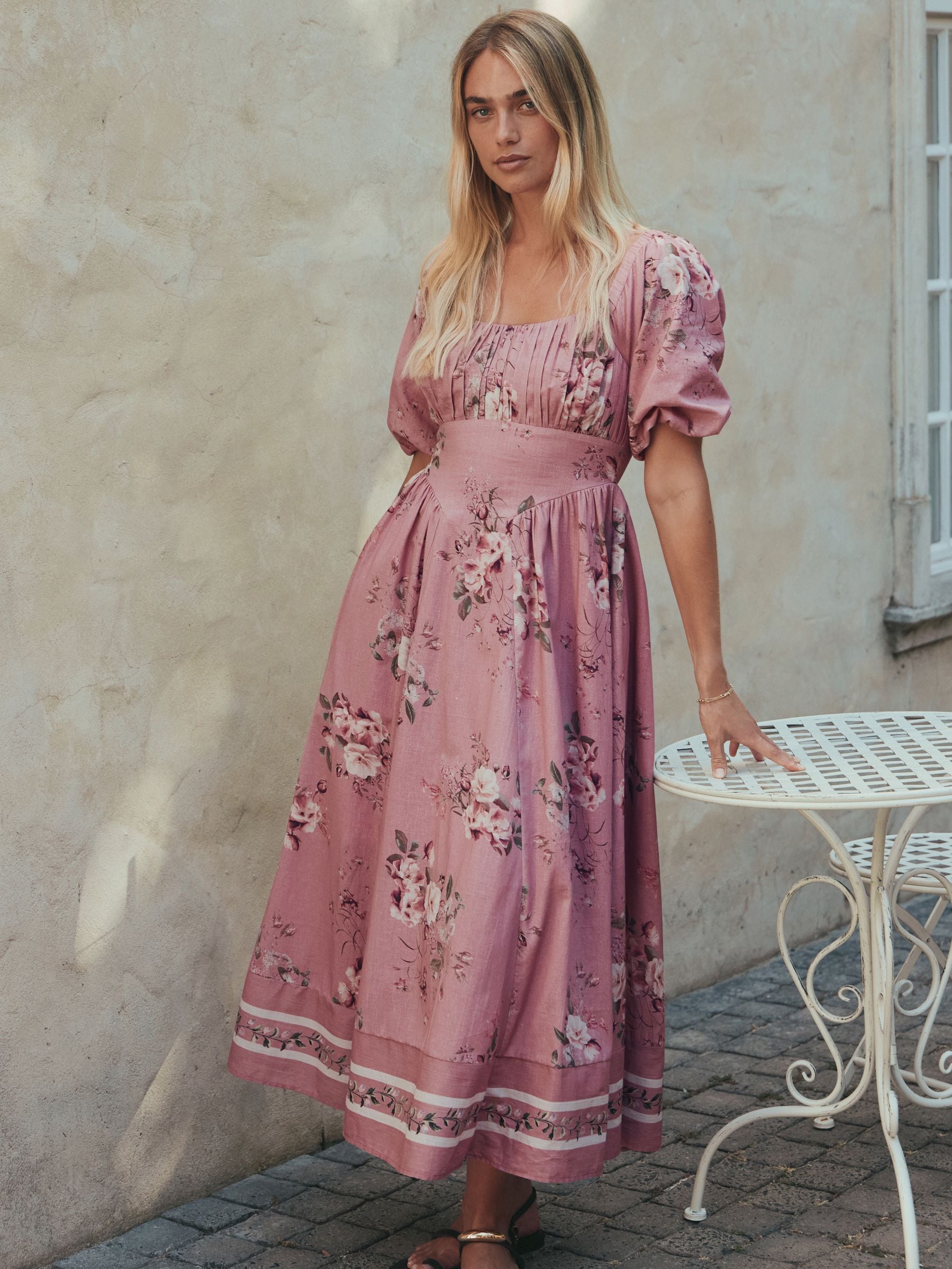 Purple Floral Puff Sleeve Midi Dress