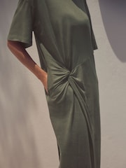 Khaki Green Jersey Twist T-Shirt Summer Dress - Image 4 of 8