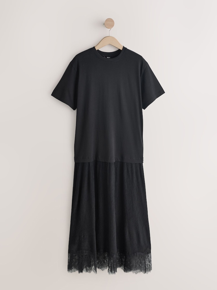 Buy Black 2 in 1 Jersey Lace Hem T-Shirt Dress from Next Macau