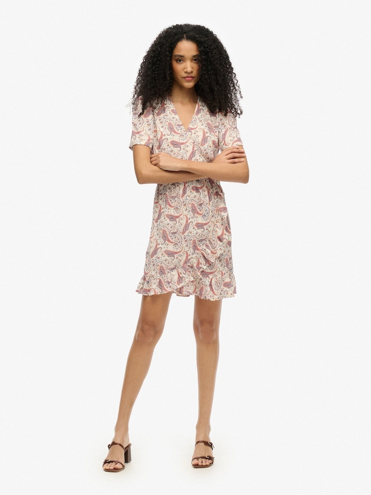 Superdry Cream Short Sleeve Printed Mini Wrap Dress - Image 1 of 5