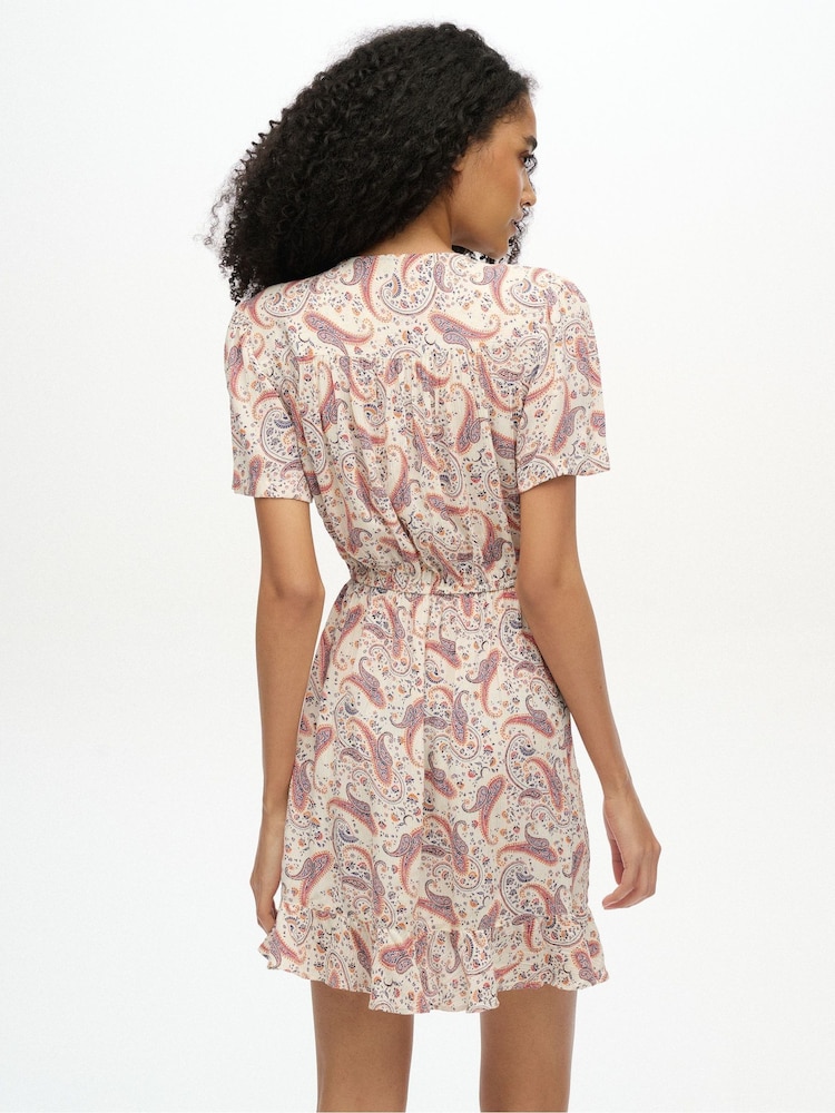Superdry Cream Short Sleeve Printed Mini Wrap Dress - Image 2 of 5 Superdry Cream Short Sleeve Printed Mini Wrap Dress - Image 2 of 5