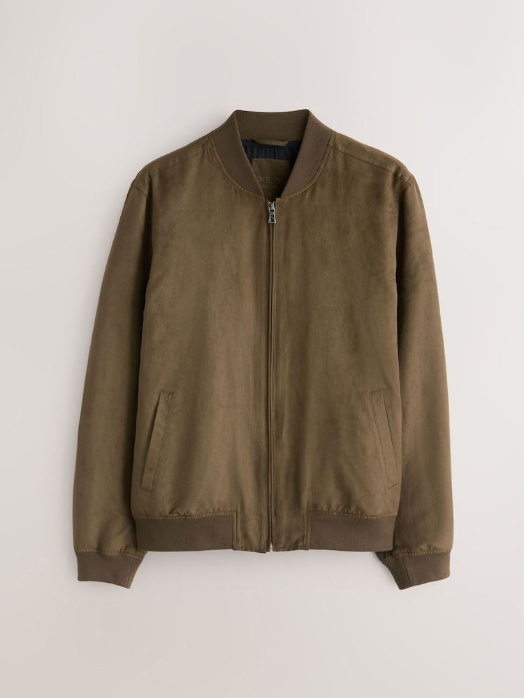 Tan Brown Faux Suede Bomber Jacket - Image 1 of 5 Tan Brown Faux Suede Bomber Jacket - Image 1 of 5