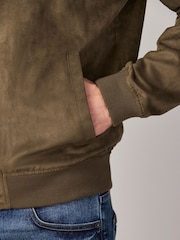 Tan Brown Faux Suede Bomber Jacket - Image 6 of 11