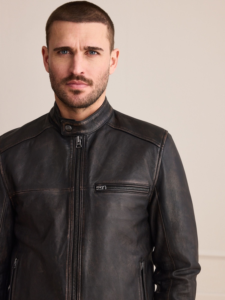 黃褐色棕色 - Leather Distressed Racer Jacket - 圖片 1/14