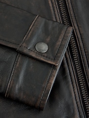 黃褐色棕色 - Leather Distressed Racer Jacket - 圖片 13/14