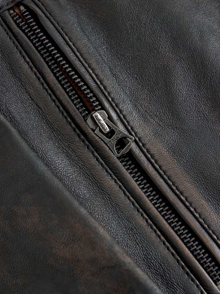 黃褐色棕色 - Leather Distressed Racer Jacket - 圖片 14/14