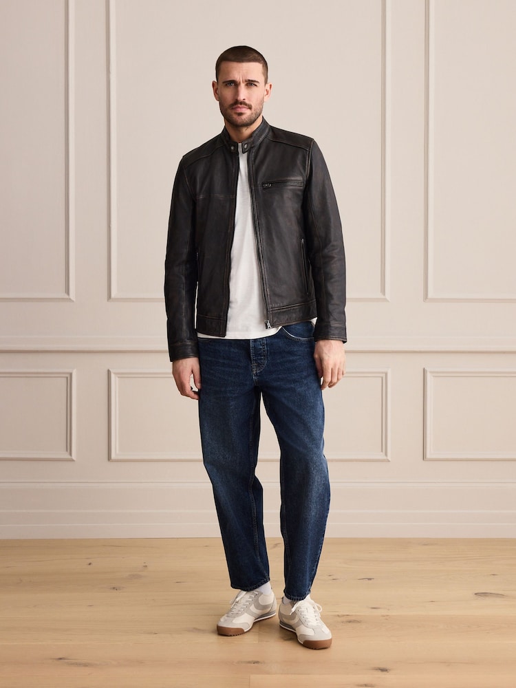 黃褐色棕色 - Leather Distressed Racer Jacket - 圖片 2/14