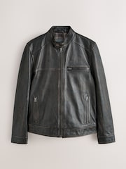 黃褐色棕色 - Leather Distressed Racer Jacket - 圖片 9/14