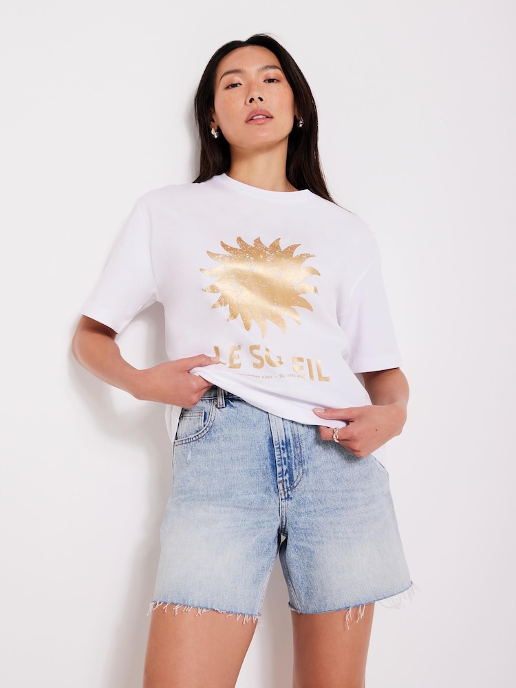 Mint Velvet Gold White Foil Soleil 100% Cotton T-Shirt - Image 1 of 1