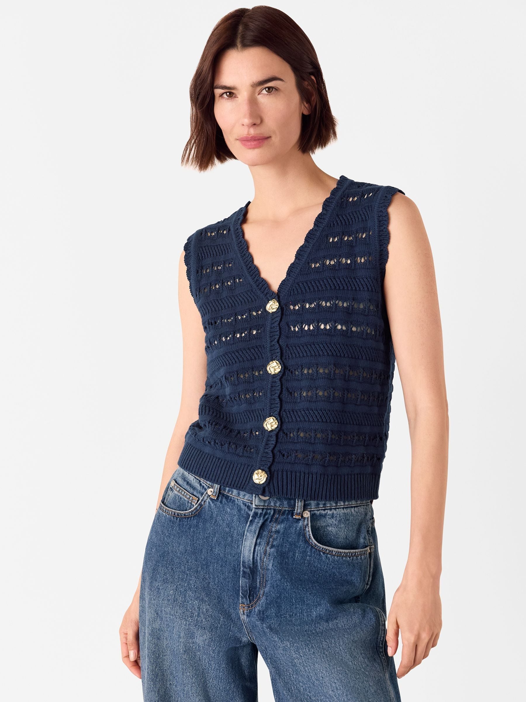 Whistles Blue 100% Cotton Pointelle Detail Tank