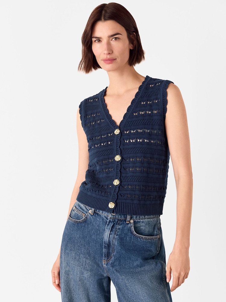 Whistles Blue 100% Cotton Pointelle Detail Tank - Image 1 of 5