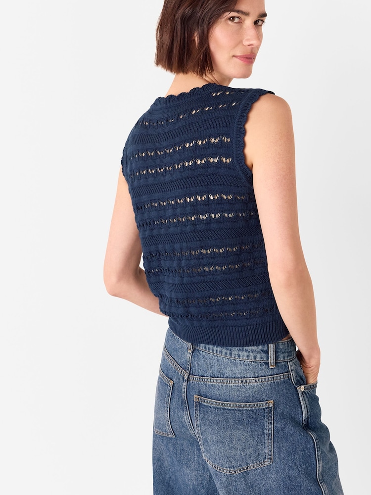 Whistles Blue 100% Cotton Pointelle Detail Tank - Image 2 of 5