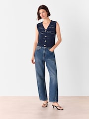 Whistles Blue 100% Cotton Pointelle Detail Tank - Image 3 of 5
