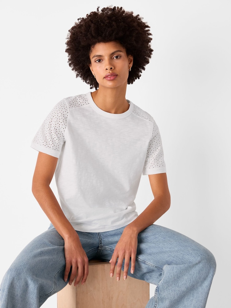 Whistles Broderie Sleeve Detail 100% Cotton T-Shirt - Imagen 1 de 5