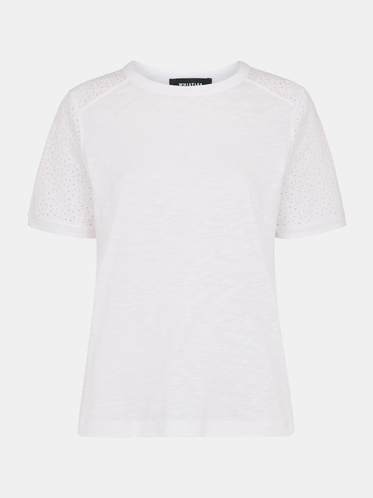 Whistles Broderie Sleeve Detail 100% Cotton T-Shirt - Imagen 5 de 5