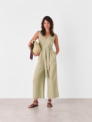Whistles Nude Belted Seamed 100% Cotton Jumpsuit - Image 1 of 5