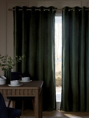 Green Dark Matte Velvet Fringe Blackout/Thermal Eyelet Curtains - Image 3 of 6
