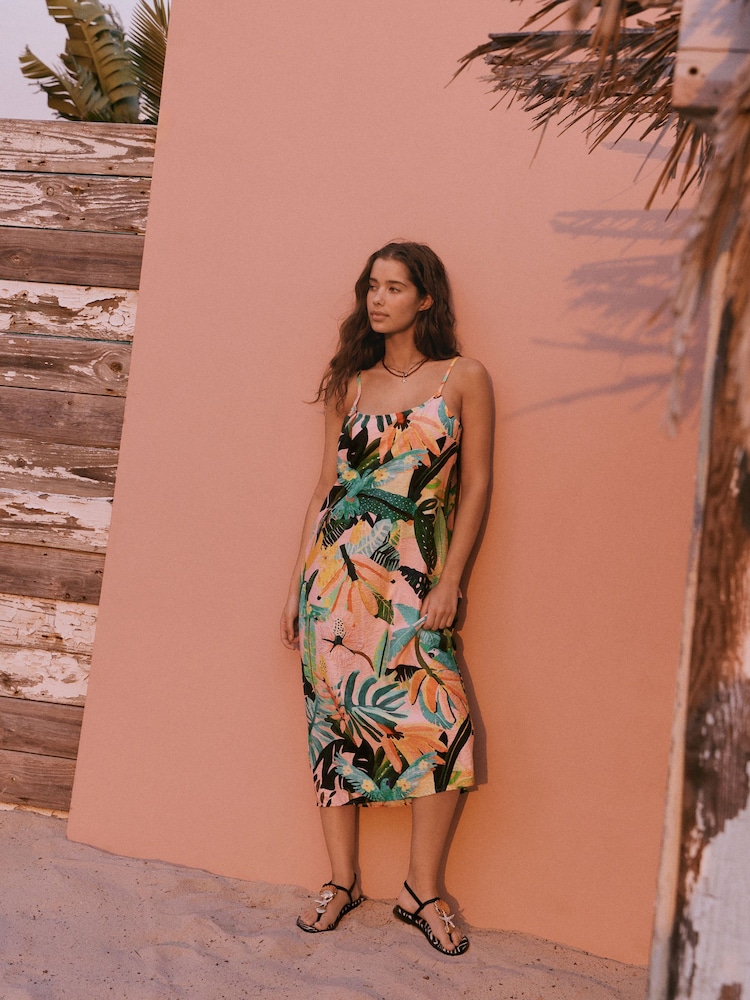 Estampado tropical coral - Vestido de verano de tirantes a media pierna - Imagen 1 de 7 Estampado tropical coral - Vestido de verano de tirantes a media pierna - Imagen 1 de 7