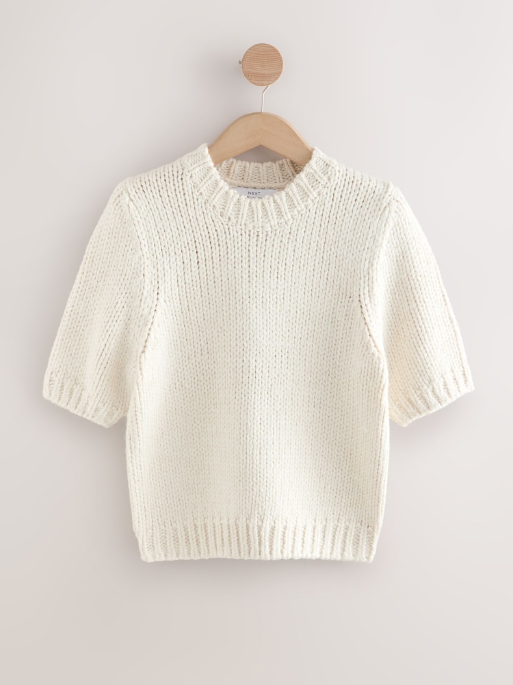 Ecru Half Sleeve Twist Knit T-Shirt With Wool - Image 1 of 3 Ecru Half Sleeve Twist Knit T-Shirt With Wool - Image 1 of 3