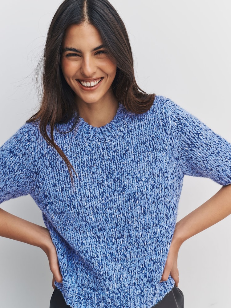 Blue Multi Half Sleeve Twist Knit T-Shirt With Wool - Image 1 of 7 Blue Multi Half Sleeve Twist Knit T-Shirt With Wool - Image 1 of 7