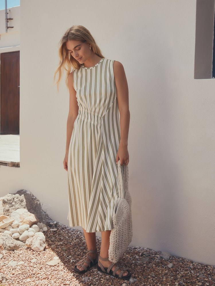 Khaki Green Stripe Jersey Midi Dress - Image 1 of 8