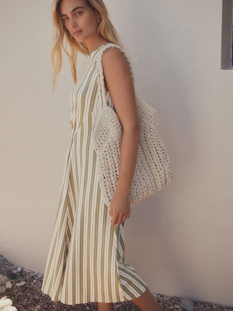 Khaki Green Stripe Jersey Midi Dress - Image 2 of 8