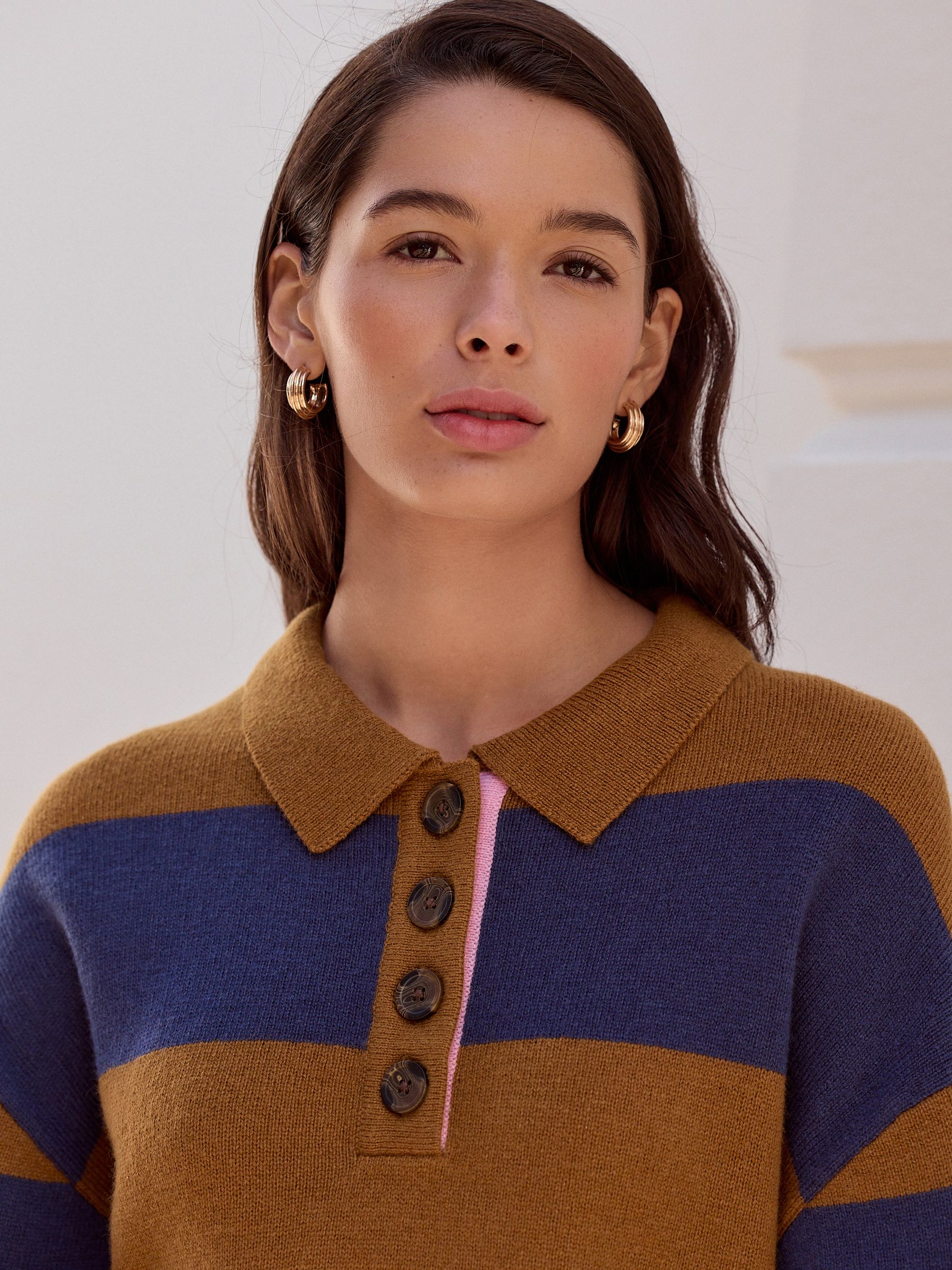 Buy Camel Brown/Blue Stripe N. Premium 100% Wool Polo Jumper from
