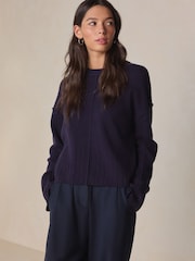 أزرق داكن أزرق - كنزة بحافة رقبة مستديرة من صوف الغنم الفاخر 100% - صورة 3 من 5