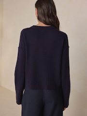 أزرق داكن أزرق - كنزة بحافة رقبة مستديرة من صوف الغنم الفاخر 100% - صورة 4 من 5