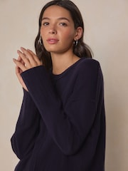 أزرق داكن أزرق - كنزة بحافة رقبة مستديرة من صوف الغنم الفاخر 100% - صورة 5 من 5