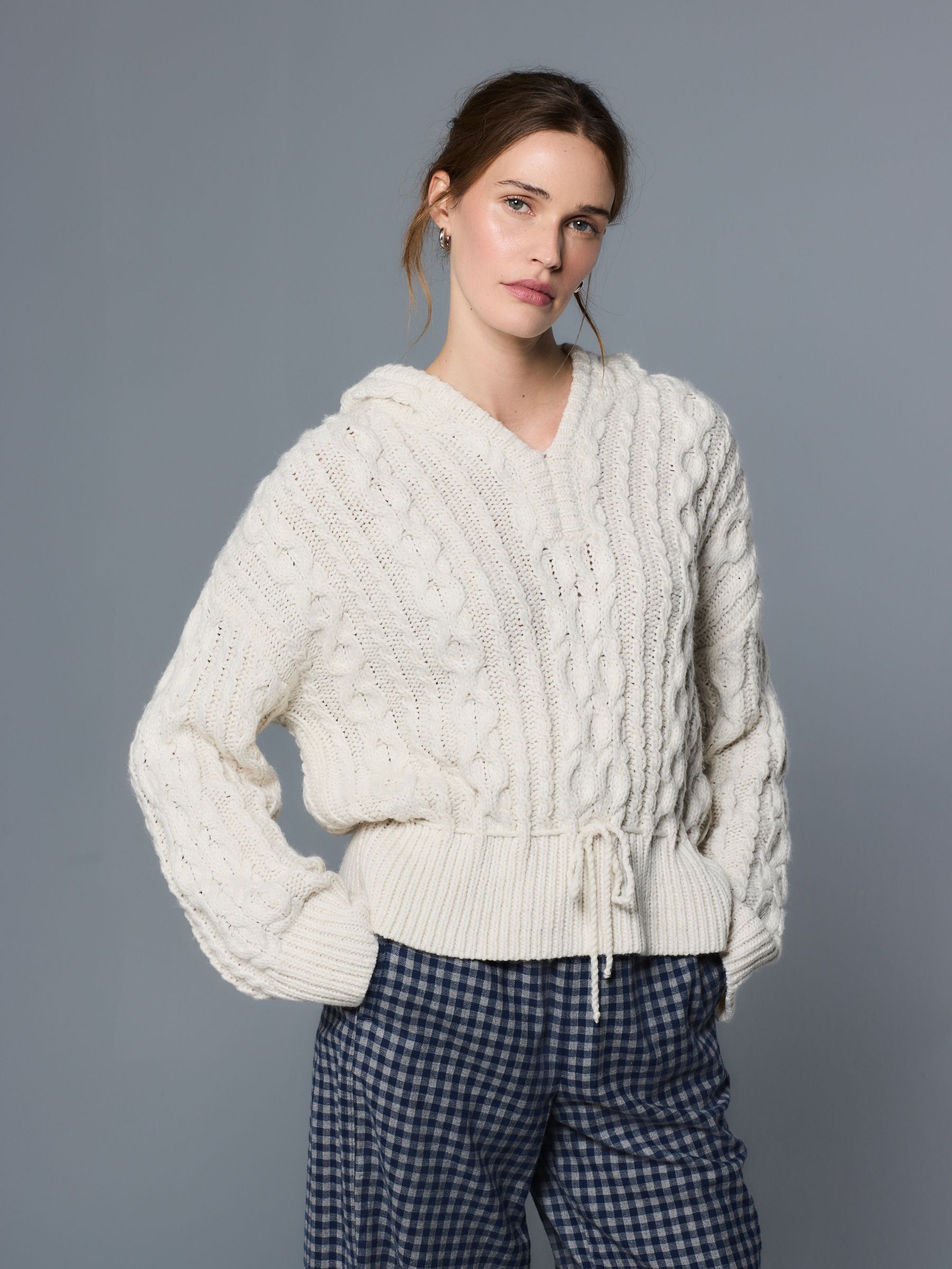 Buy Ecru Cable Knit Tie Waist Hooded Jumper With Wool from the