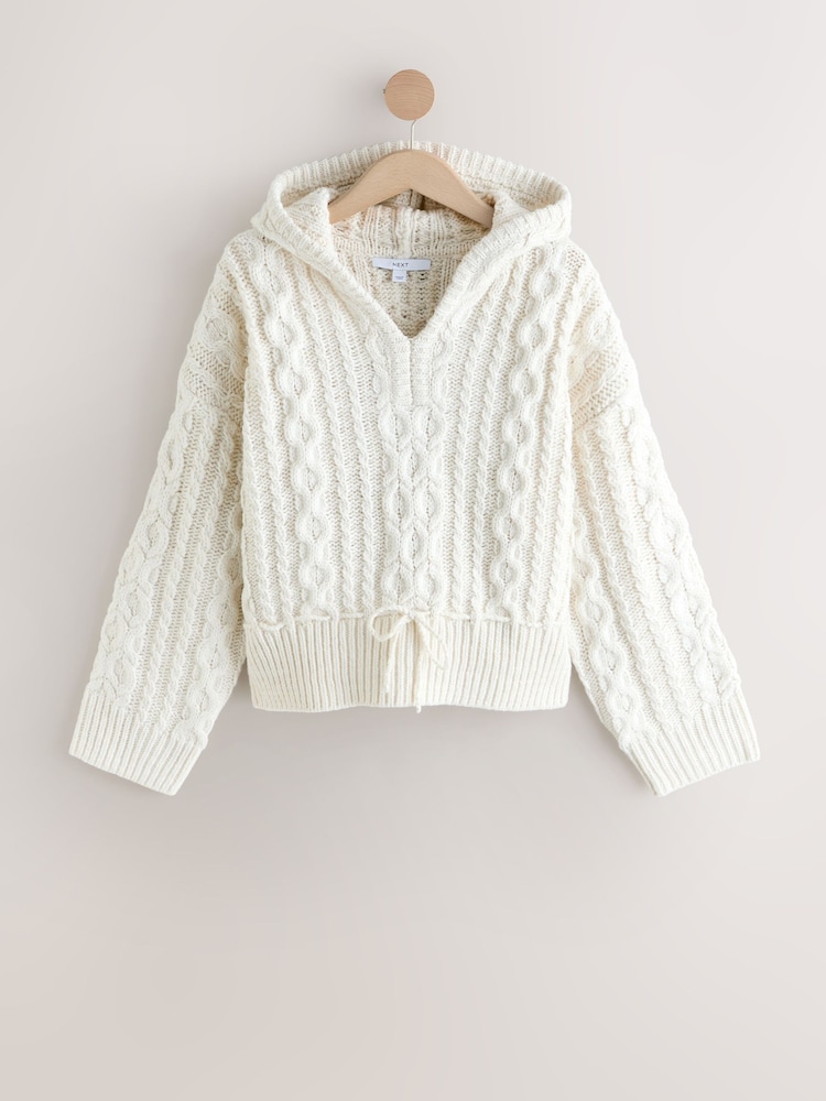 بيج فاتح - Cable Knit Tie Waist Hooded Jumper With Wool - صورة 1 من 3 بيج فاتح - Cable Knit Tie Waist Hooded Jumper With Wool - صورة 1 من 3