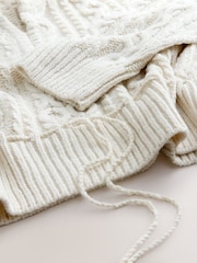 Ecru Cable Knit Tie Waist Hooded Jumper With Wool - Image 3 of 3