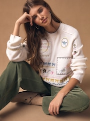 Ecru Embroidered Crew Neck Knitted Jumper with Wool - Image 1 of 8