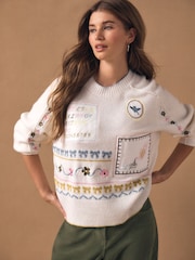 Ecru Embroidered Crew Neck Knitted Jumper with Wool - Image 2 of 8