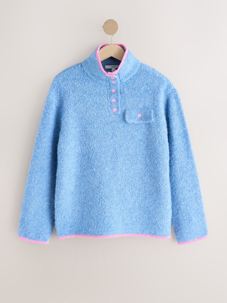 Light Blue/Pink Tipped Boucle Stand Neck Pocket Jumper - Image 1 of 3 Light Blue/Pink Tipped Boucle Stand Neck Pocket Jumper - Image 1 of 3