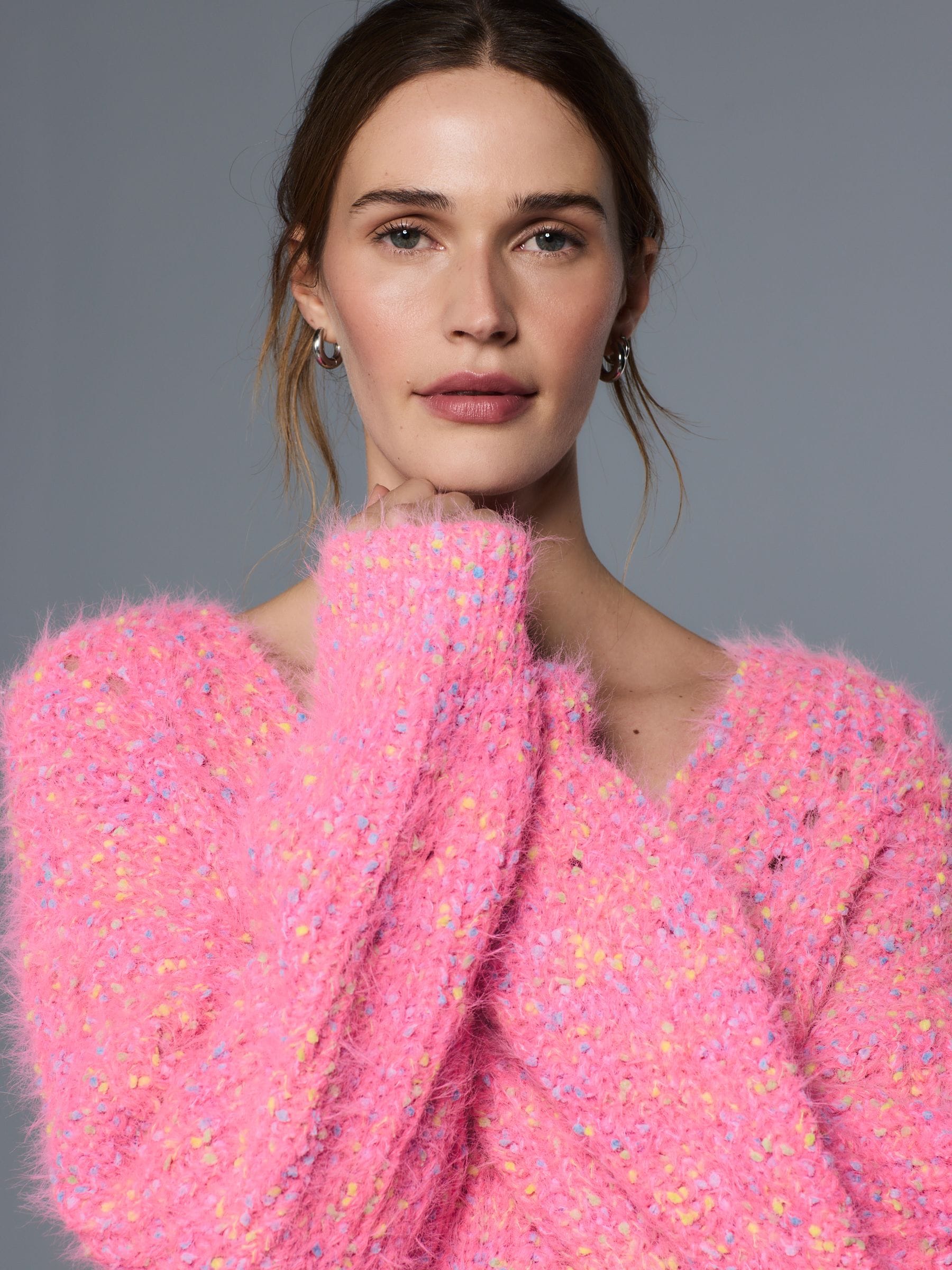 Buy Bright Pink Neppy Fuzzy Texture V-Neck Knitted Jumper from