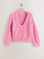 Bright Pink Neppy Fuzzy Texture V-Neck Knitted Jumper - Image 1 of 3