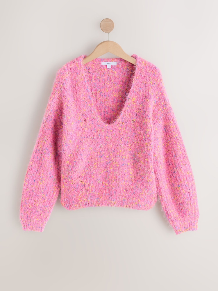 Bright Pink Neppy Fuzzy Texture V-Neck Knitted Jumper - Image 1 of 3 Bright Pink Neppy Fuzzy Texture V-Neck Knitted Jumper - Image 1 of 3