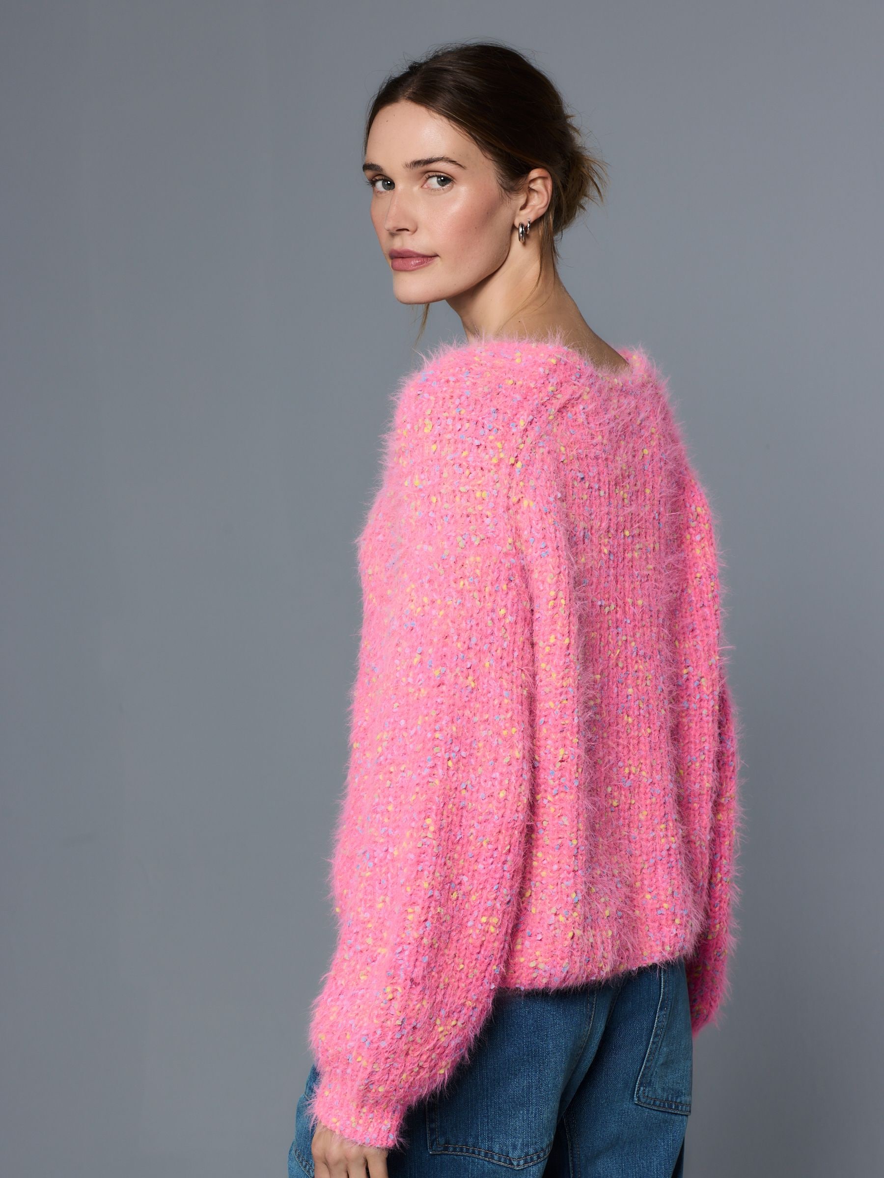 Buy Bright Pink Neppy Fuzzy Texture V-Neck Knitted Jumper from the