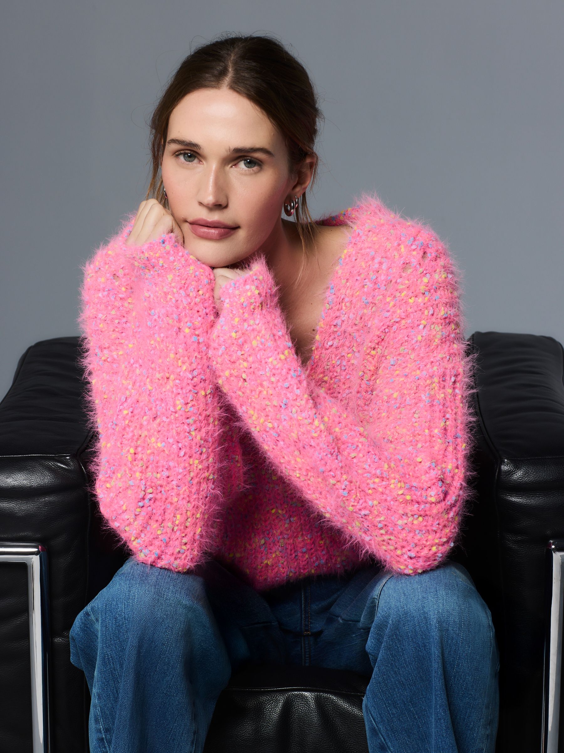 Buy Bright Pink Neppy Fuzzy Texture V-Neck Knitted Jumper from the