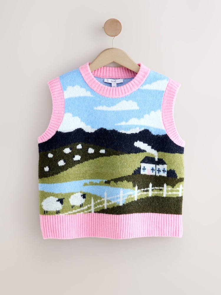 Multi Landscape Scene Sleeveless Knitted Tank With Wool - Image 1 of 3
