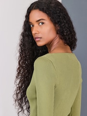 Khaki Green Ribbed Asymmetric Neckline Knitted Top - Image 4 of 8