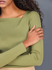Khaki Green Ribbed Asymmetric Neckline Knitted Top - Image 5 of 8