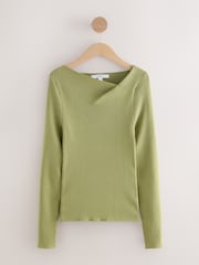 Khaki Green Ribbed Asymmetric Neckline Knitted Top - Image 6 of 8