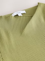 Khaki Green Ribbed Asymmetric Neckline Knitted Top - Image 8 of 8