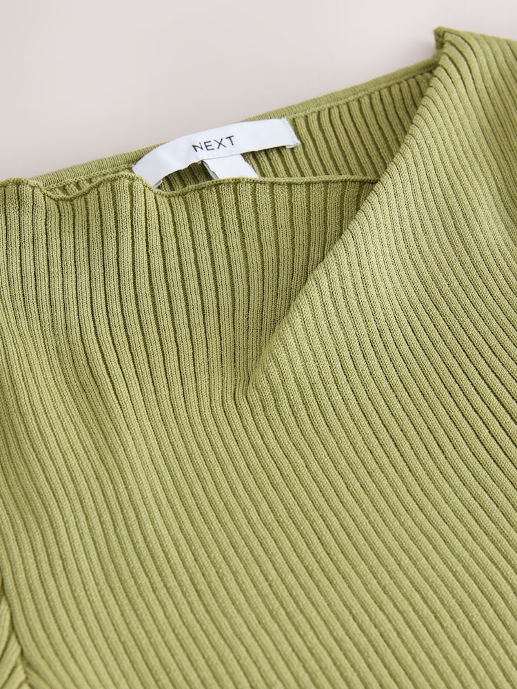 Khaki Green Ribbed Asymmetric Neckline Knitted Top - Image 8 of 8