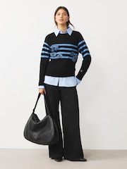 Black/Blue Floral Stripe Soft Touch Crew Neck Cotton Rich Jumper - Image 1 of 7