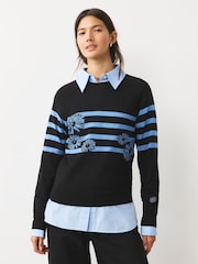 Black/Blue Floral Stripe Soft Touch Crew Neck Cotton Rich Jumper - Image 2 of 7