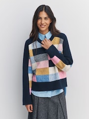 Navy Blue Multi Patched Crew Neck Knitted Jumper with Wool - Image 1 of 7